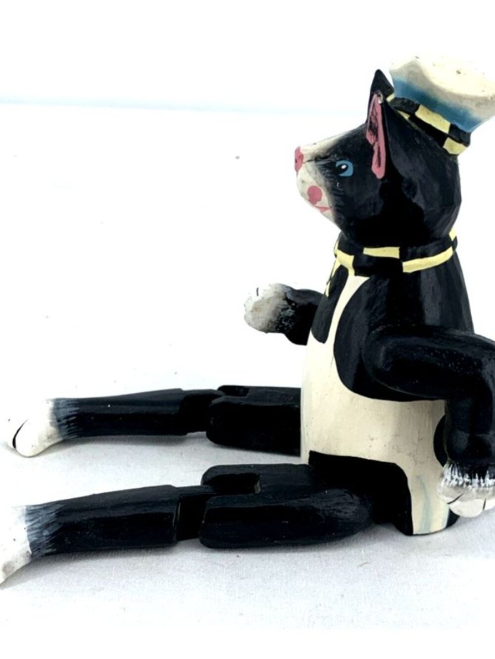 Folk Art Chef Cat Shelf Sitter Hand Carved Wood Painted Jointed Limbs 9" - Picture 4 of 5